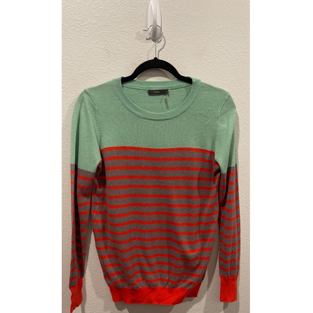 THML Green Mint Orange Striped Round Neck Sweatshirt